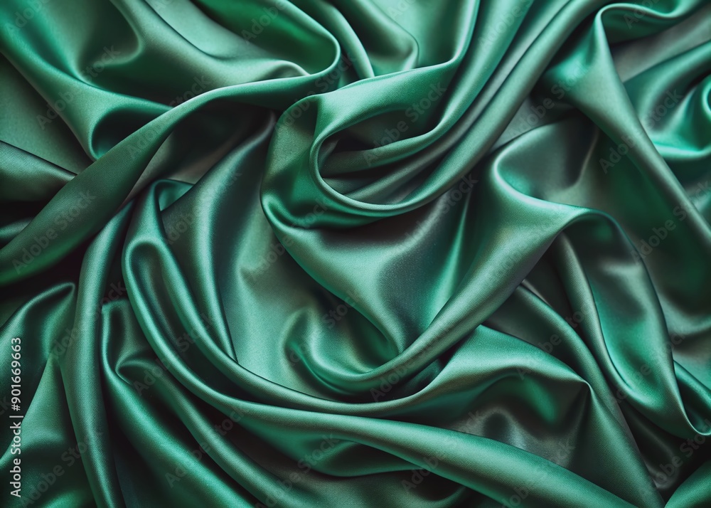 Poster vibrant dark green satin fabric background with wavy folds and soft velvet texture, creating a luxur