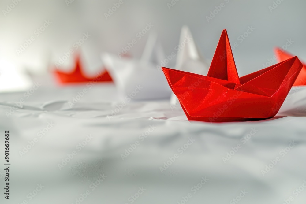 Poster a red paper boat is on a white background. the boat is the only thing in the image, and it is the ma