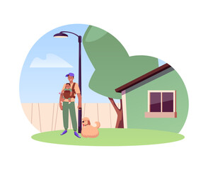 Father with baby carrier and dog vector illustration