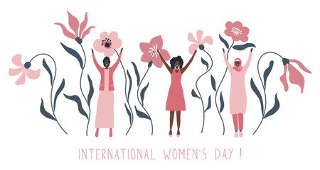 Women and Flowers. International Women's Day concept. Women's community. Diverse Group of Beautiful Women Stand With Different Flowers. Vector Illustration in Pink, White, Black Colors