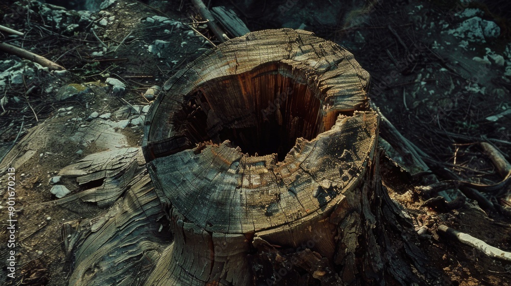 Poster a large tree stump with a hole in the middle. the stump is surrounded by rocks and branches