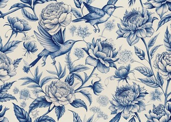 Intricate white and blue vintage toile pattern features peonies and hummingbirds on a delicate floral background with detailed monochrome drawing and classic vector illustration.