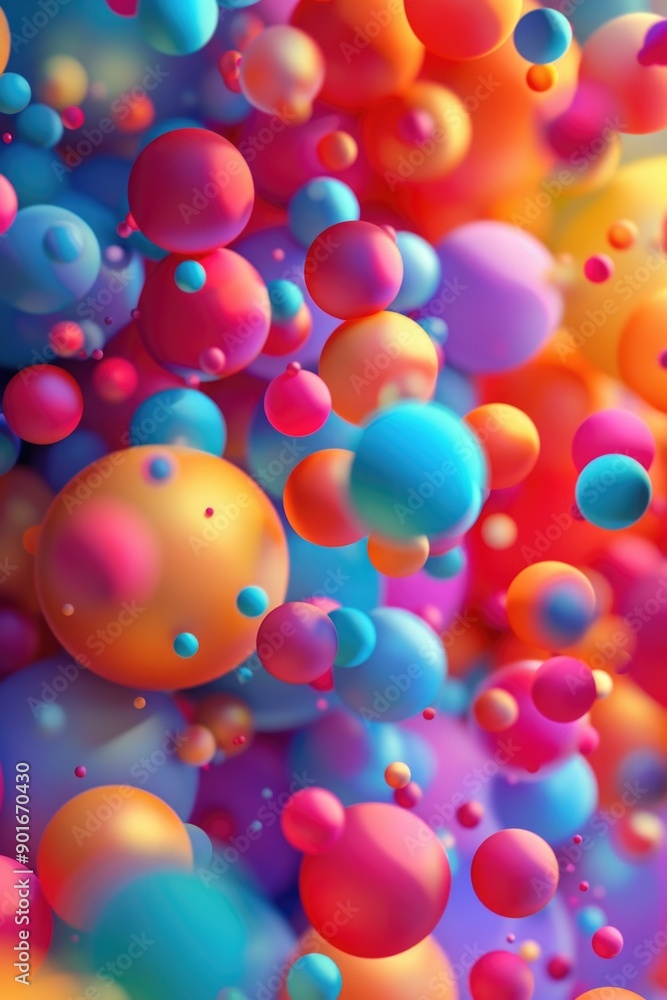 Poster a colorful image of many different colored spheres. the spheres are of various sizes and are scatter