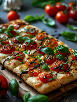 Close-up of a flatbread pizza with fresh tomatoes and basil.