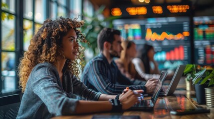 Obraz premium Corporate team discussing market expansion, digital stock market forecast on smart table