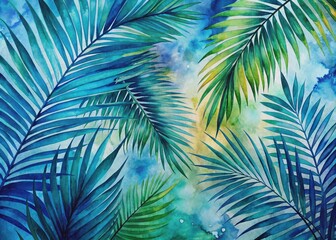 Vibrant blue and emerald green palm leaves unfold against a mesmerizing abstract watercolour background, evoking a sense of tropical modernity and botanical elegance.