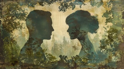 Silhouettes of a couple blending into a serene forest landscape, symbolizing a peaceful retreat.