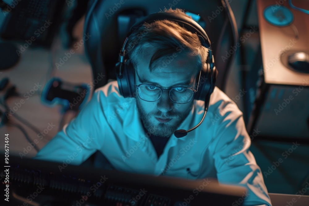 Poster a man wearing glasses and a headset is sitting in front of a computer monitor. he is focused on his 