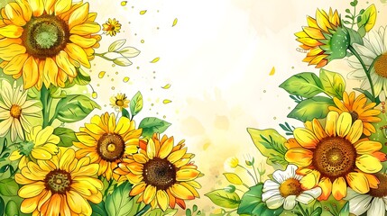 Sunflower and Daisy Doodle Page Print Border Design for Customized Messages