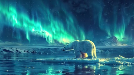 A serene winter landscape featuring a polar bear on an ice floe beneath the mesmerizing northern lights, creating a tranquil and majestic scene.