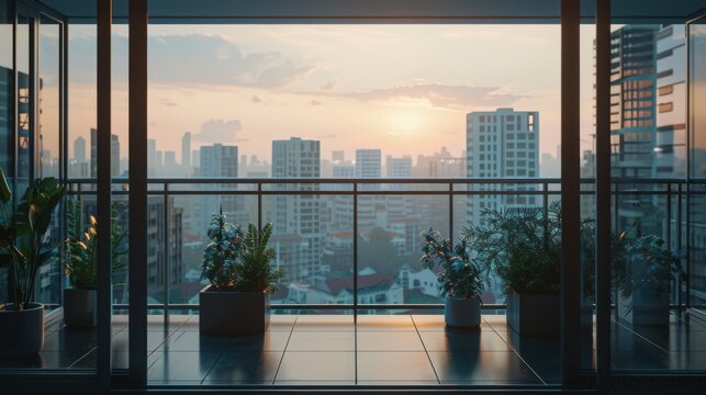 A cozy urban balcony with potted plants and a glass railing, overlooking a city skyline at sunset, ideal for real estate promotions and lifestyle imagery.