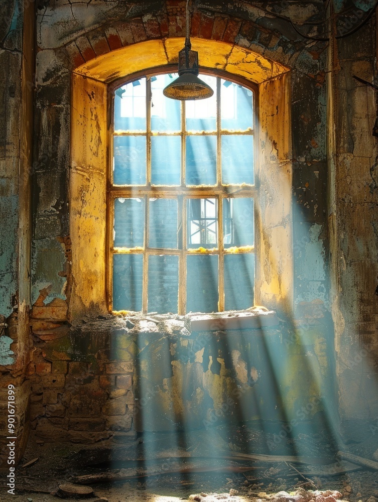 Poster Sunlight streams through a window in a dilapidated brick building