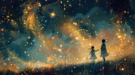 Whimsical stardust collectors gathering celestial fragments, illustrated with a magical and dreamlike quality, perfect for imaginative storytelling.