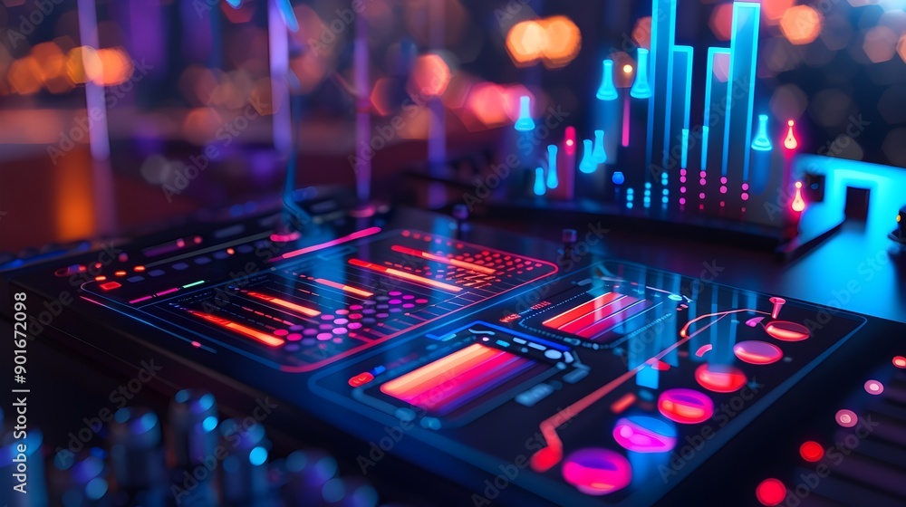 Poster sleek digital 3d music player with holographic interface and advanced background