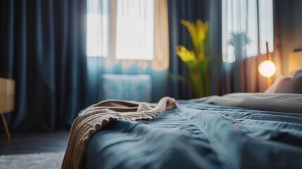 A cozy bedroom featuring a stylish bedspread and soft lighting, perfect for showcasing modern home decor and interior design.
