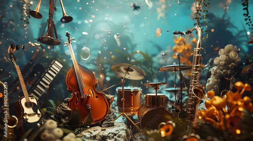 Aufkleber floating ethereal musical instruments in surreal 3d environment with vibrant colors and shapes
