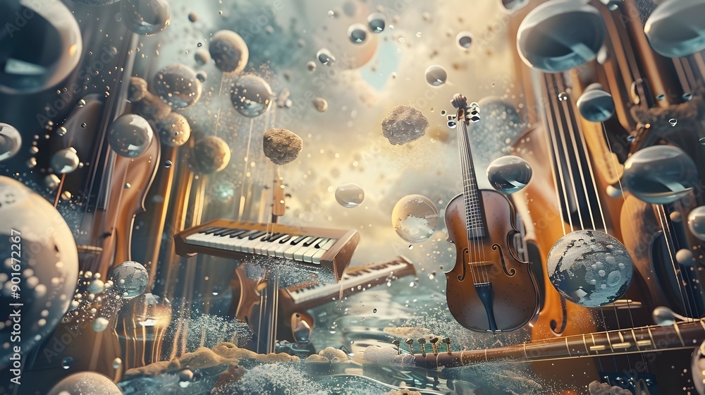 Poster floating 3d musical instruments in surreal digital environment