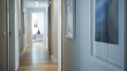 A modern hallway featuring stylish artwork, shot from a side angle, perfect for highlighting contemporary home decor and interior design.
