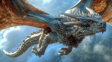 Obraz premium A majestic dragon soaring through the sky, depicted with intricate details and powerful wings, capturing a sense of fantasy and adventure.