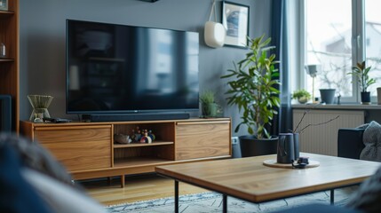 A stylish living area with a large TV and indoor plants, ideal for modern home interiors and decoration inspiration.
