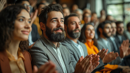 Obraz premium A telephoto angle photo of a group of corporate men and women applauding after a successful presentation, with a sense of achievement and camaraderie, with copy space