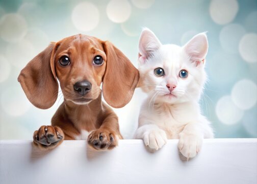 Adorable dachshund puppy in chocolate brown and white fur, plays with a curious white kitten, against a clean and bright creative banner background with copyspace.