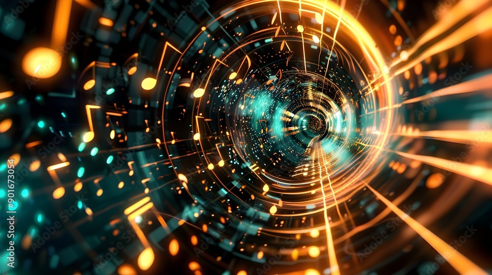 Poster mesmerizing 3d vortex with embedded music symbols depicting dynamic digital art
