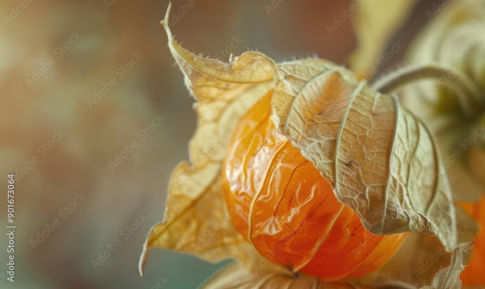 Poster a macro image of physalis with a focus on the fruit inside the husk