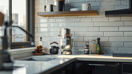 A modern kitchen featuring a breakfast nook and stylish appliances, perfect for contemporary home design and functionality.
