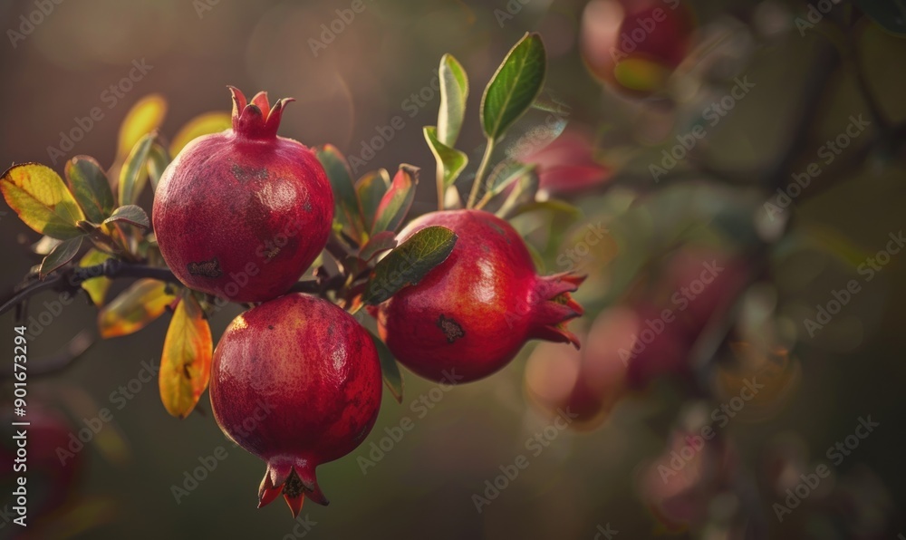 Poster a macro shot of pomegranates on the branch