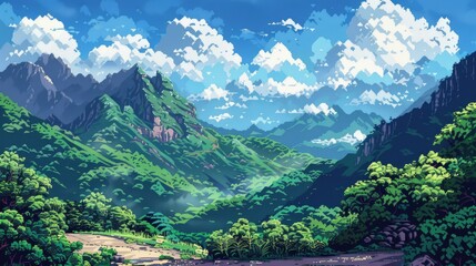 Digital pixel art of a serene mountain pass, featuring lush greenery under a sunny sky with fluffy clouds, nostalgic video game feel