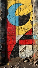 Fototapeta premium A weathered wall with a vibrant abstract geometric painting in blue, yellow, red, black, and white
