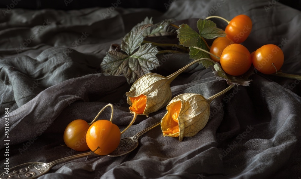 Wall mural a still life with physalis and a vintage spoon