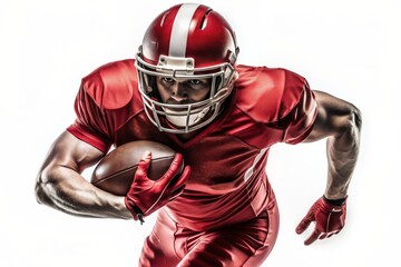 An American football player in a red helmet and uniform runs with a ball in his hand and maneuvers. Isolated on a transparent background. Generative Ai