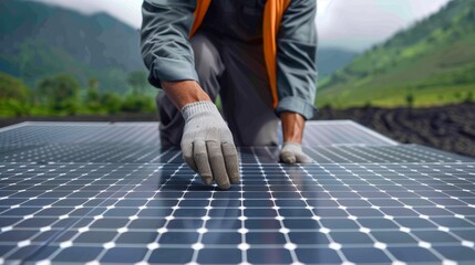 A community workshop teaching people how to install and maintain solar panels, with copy space, high-resolution photo, hyper realistic