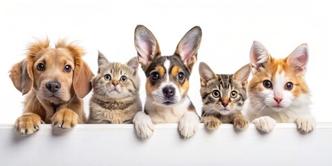 Obraz premium Cute animals from different species, including cats, dogs, and rabbits, peek over a white edge in a playful and adorable web banner arrangement.