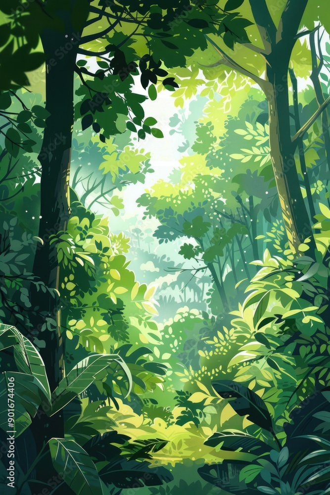 Poster a lush green forest with a path through it. the trees are tall and leafy, and the sunlight filters t