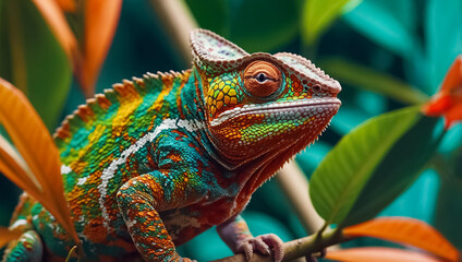 Obraz premium Beautiful chameleon in the leaves tropical