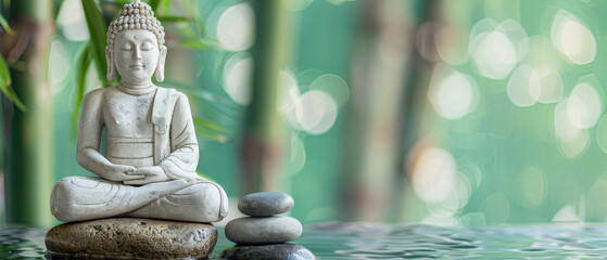 A serene Buddha statue surrounded by smooth stones and bamboo, embodying tranquility and peace in a calming natural setting.