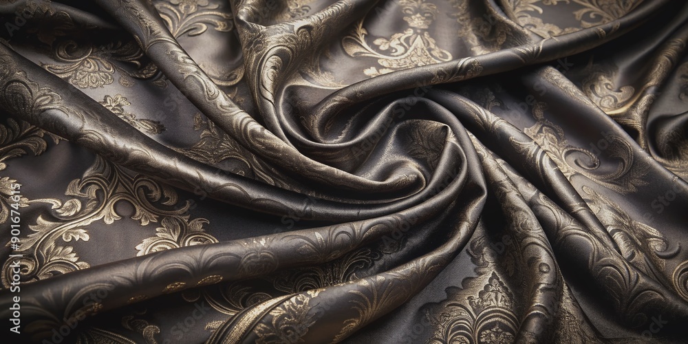 Poster dark black pattern on luxurious silk fabric creates a unique textured background with intricate line