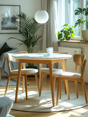 Obraz premium Modern dining room with wooden furniture and natural light.