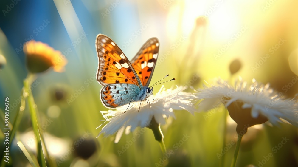 Poster butterfly on daisy in sunlight