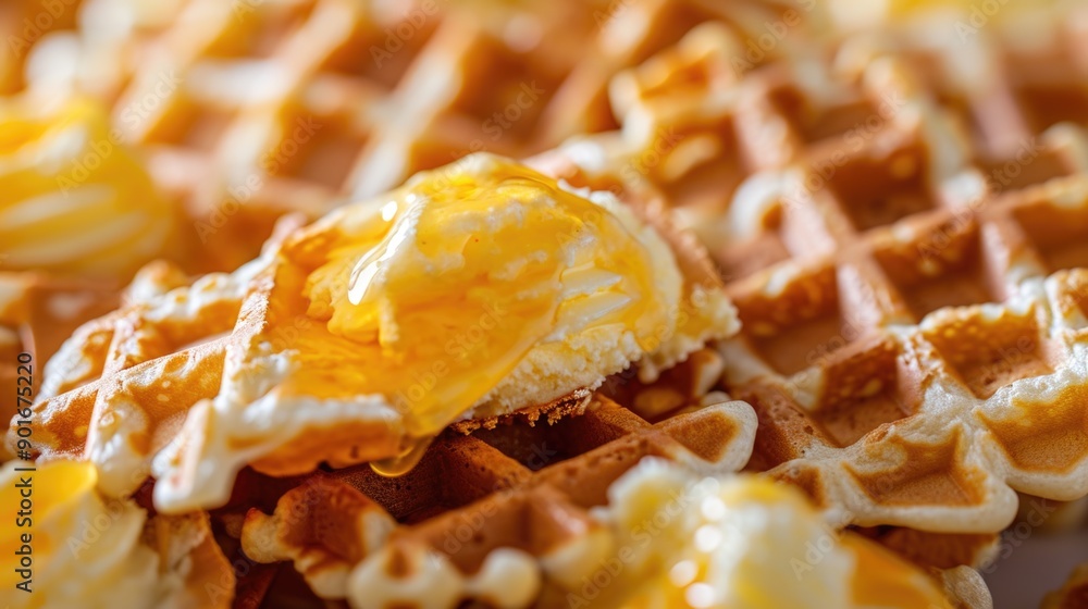Poster a plate of waffles with a piece of butter on top. the butter is spread out and has a golden color. t