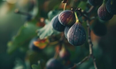 Close-up shot of figs hanging from a branch