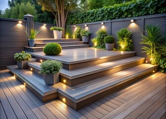Ash grey composite decking with two levels, ambient deck lights, and lush greenery, perfect for a landscape gardener's outdoor design, showcasing sleek modern elegance.