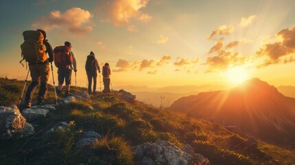 mountain travel, hike, people, adventurer, summer travel group of tourists Hiking to watch the sunset