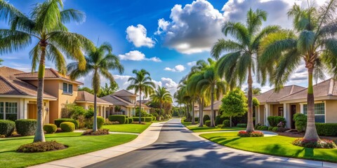 Fototapeta premium Serene gated community in sunny Florida features upscale houses with lush green lawns, palm-lined streets, and picturesque sidewalks, exuding warmth and tranquility.
