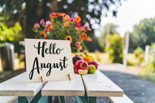 A vibrant outdoor scene featuring a welcoming sign for hello August alongside fresh apples and colorful flowers.