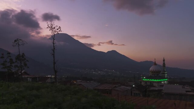 Mosque and mountain sunrise timelapse in 4K, Dieng Indonesia