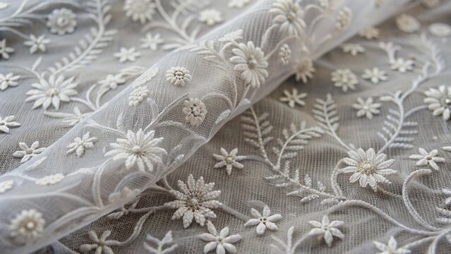 Intricate white Indian Chikankari embroidery on sheer muslin fabric, with delicate floral patterns and subtle thread work, exudes elegance and sophistication in a modern corporate setting.